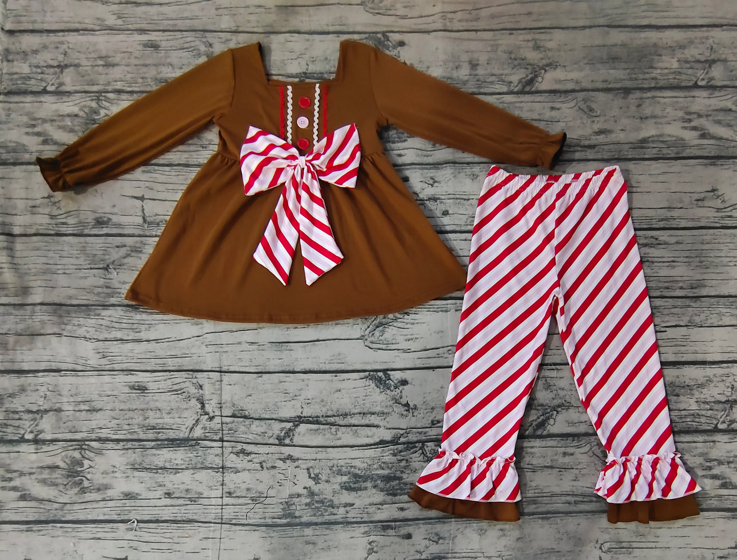 Baby Girls Brown Gingerbread Bow Tunic Ruffle Pants Clothes Sets