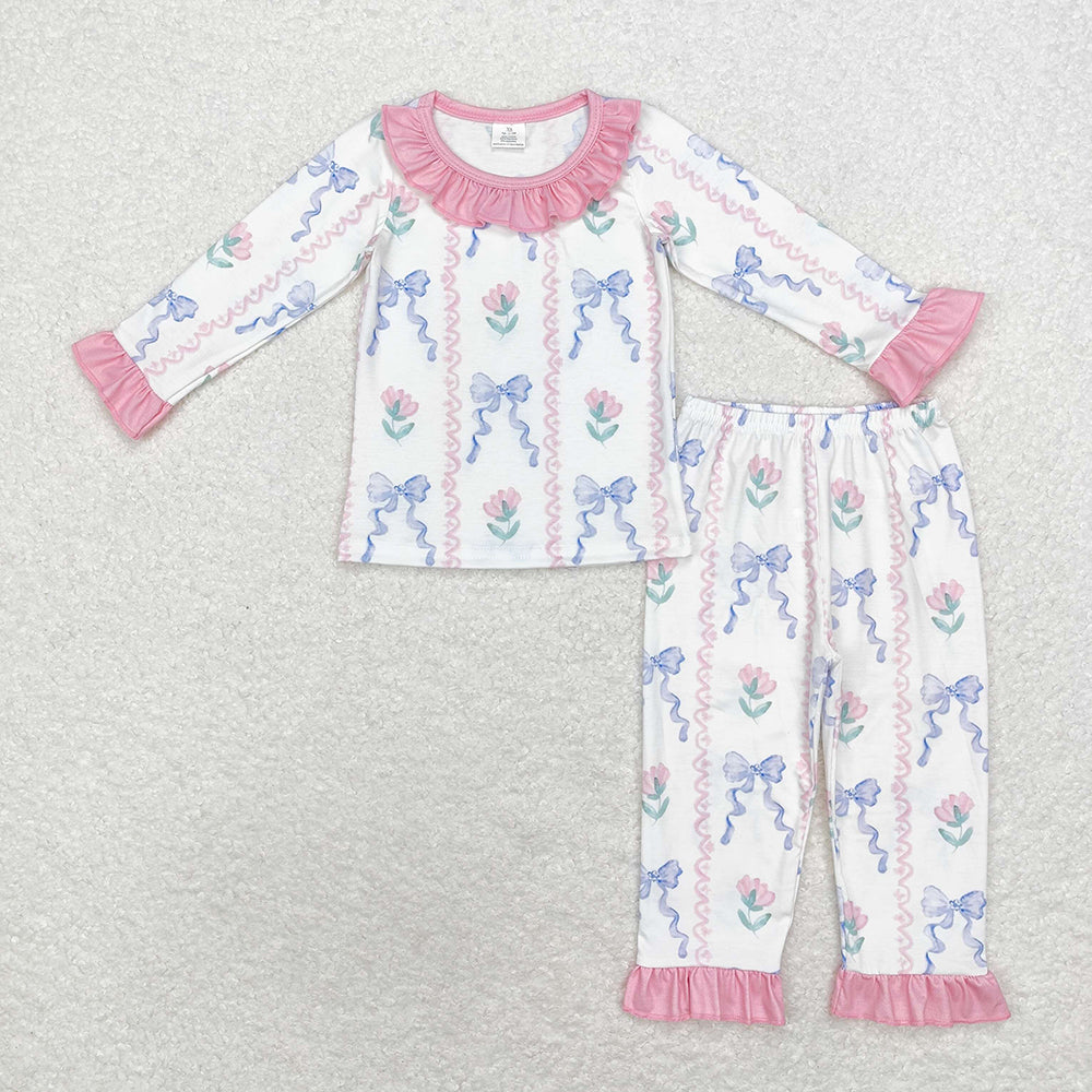 Baby Girls Pink Blue Bows Ruffle Bamboo Pajamas Clothes Sets