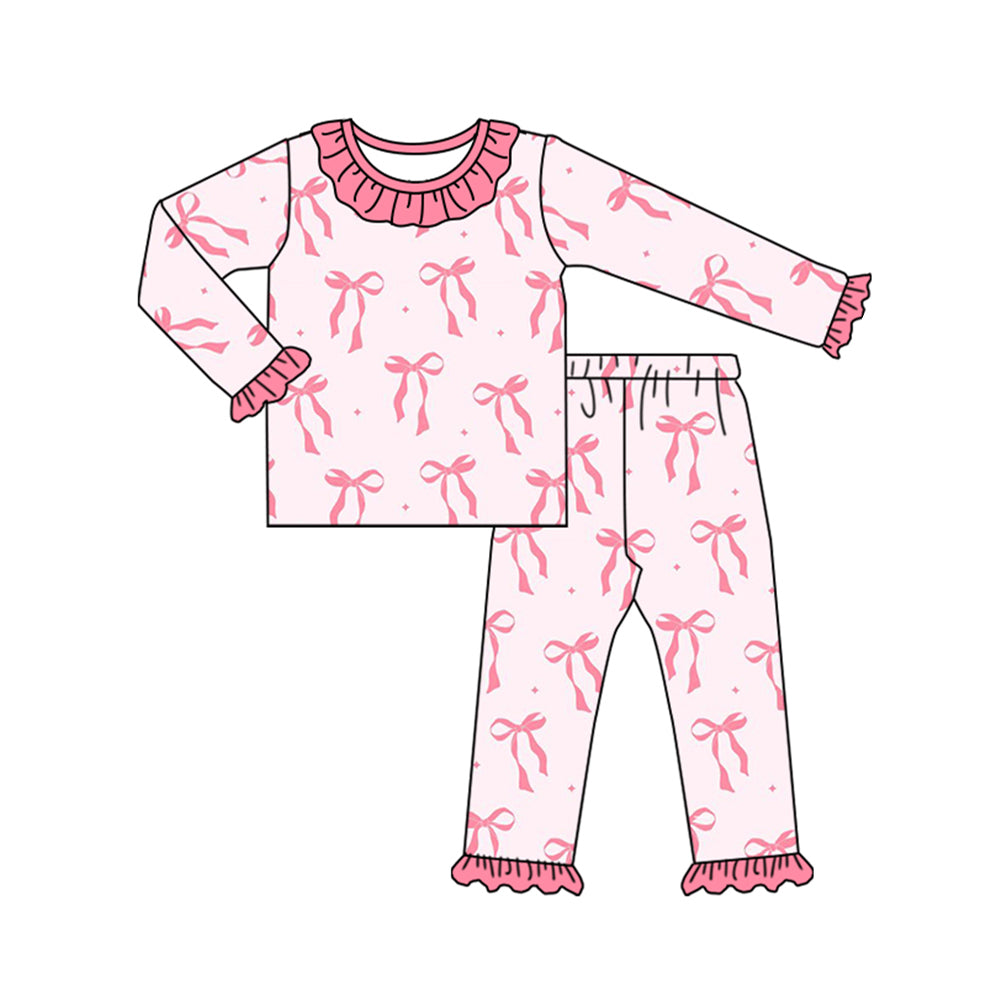 Baby Girls Pink Bows Ruffle Top Pants Pajamas Clothes Sets Preorder