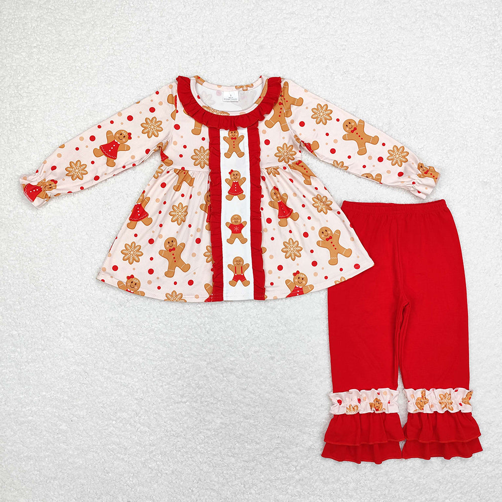 Baby Girls Christmas Gingerbread Ruffle Top Red Pants Clothes Sets