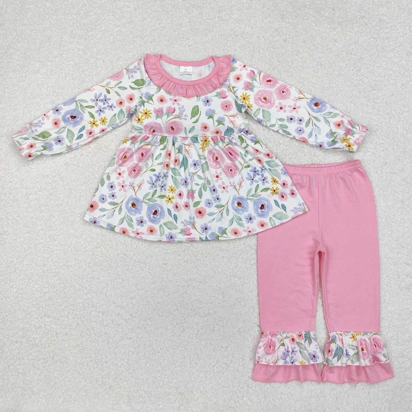 Sibling Baby Girls Long Sleeves Colorful Floral Bows Plaid Tunic Ruffle Pants Sets