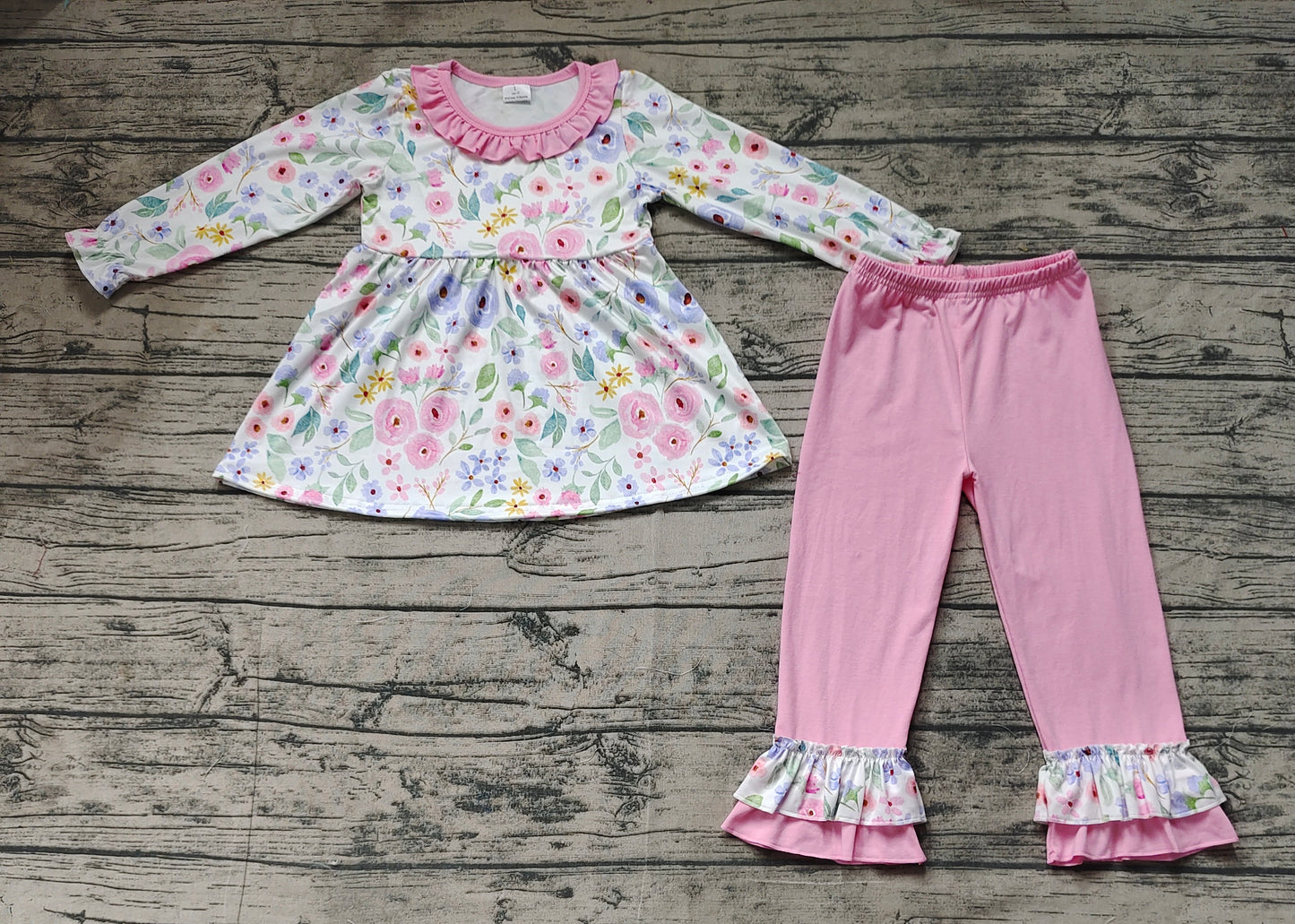 Baby Girls Pink Lavender Flowers Tunic Pants Clothes Sets