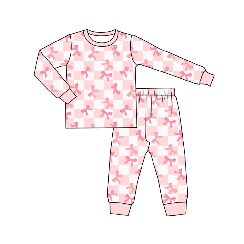 Baby Girls Pink Checkered Bows Shirt Pants Pajamas Clothes Sets Preorder