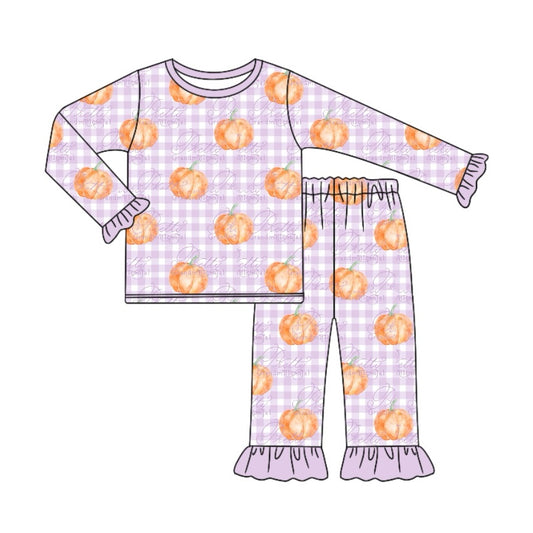 Baby Girls Lavender Checkered Pumpkins Shirt Pants Pajamas Clothes Sets Preorder