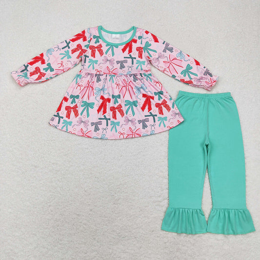 Baby Girls Christmas Pink Bows Tunic Top Pants Clothes Sets