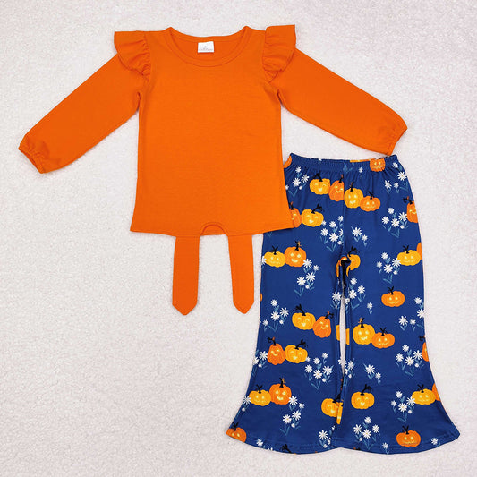 Baby Girls Halloween Orange Top Pumpkins Flowers Bell Pants Outfits Sets