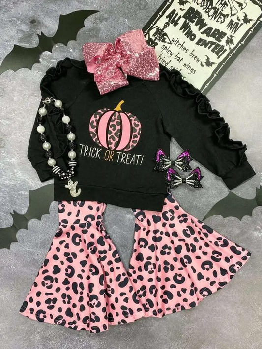 Baby Girls Halloween Trick Treat Pumpkin Top Leopard Bell Pants Outfits Sets Preorder