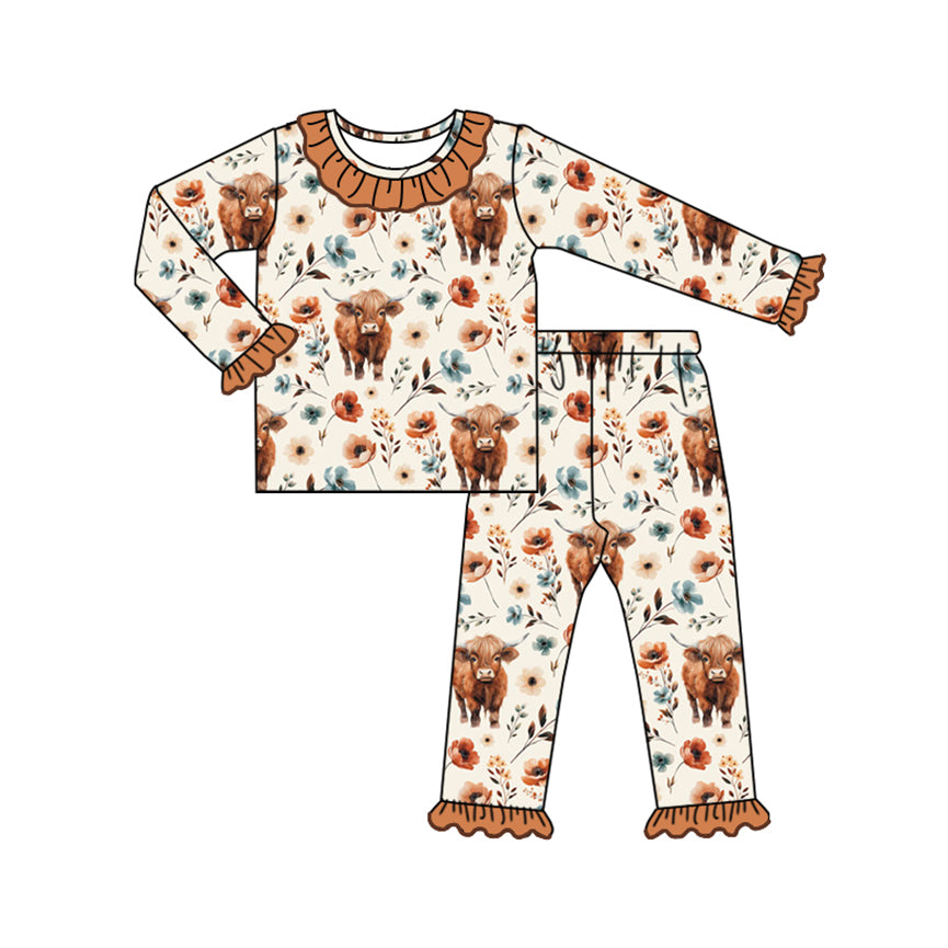 Baby Girls Western Flowers Highland Cow Top Pants Pajamas Outfits Sets Preorder