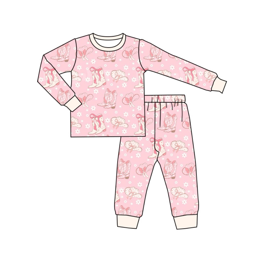 Baby Girls Pink Flowers Boots Bows Top Pants Pajamas Outfits Sets Preorder