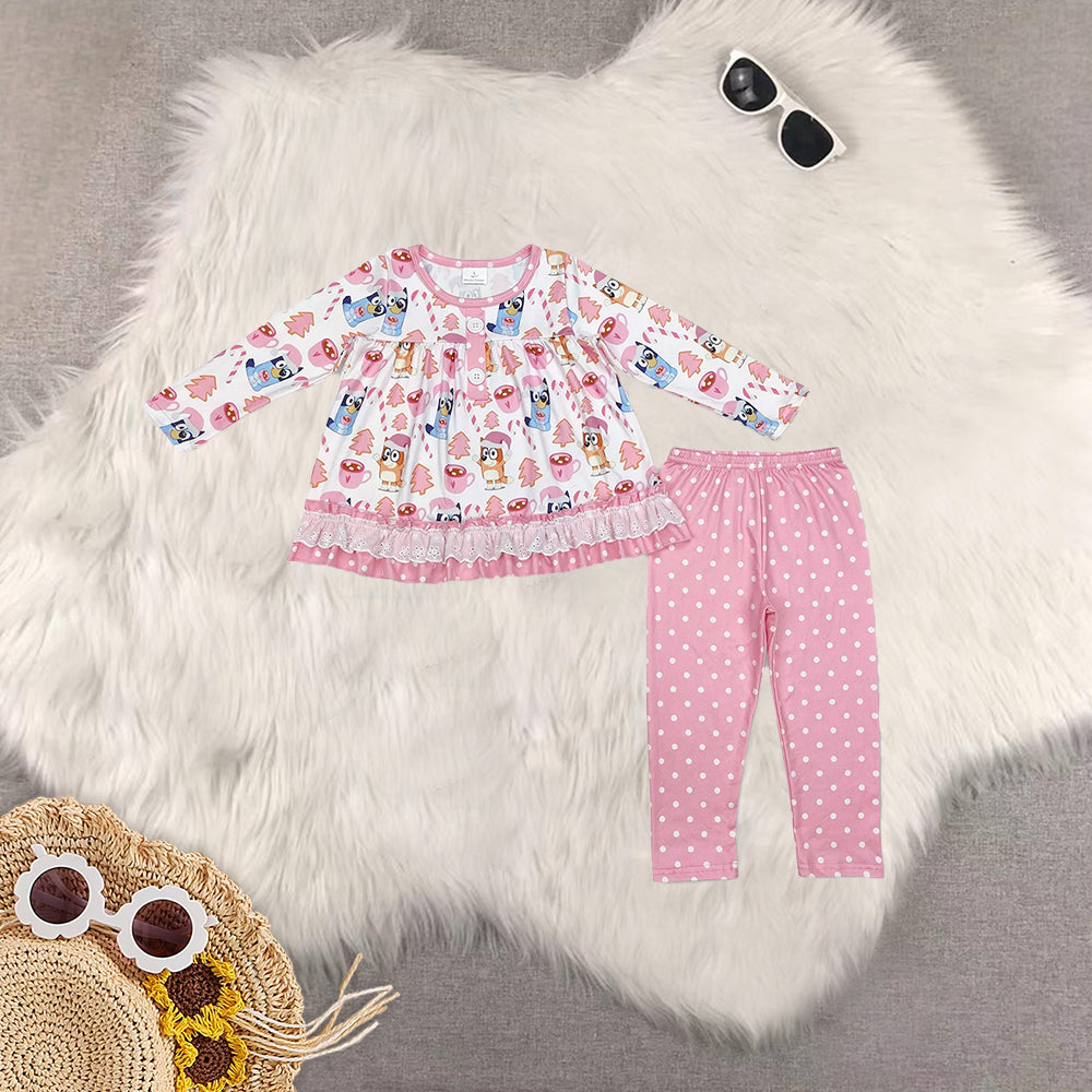 Sibling Baby Girls Christmas Blue Dogs Rompers Shirts Tunic Legging Pant Set