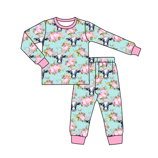 Baby Girls Pink Western Cows Flowers Top Pants Pajamas Clothes Sets Preorder