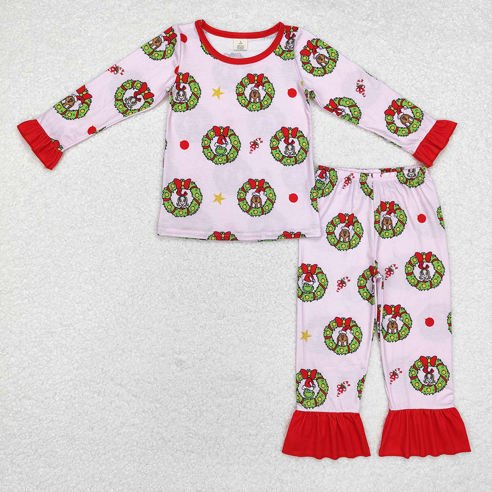 Sibling Baby Girls Long Ruffle Sleeve Green Face Top Pants Bamboo Pajamas Clothes Sets