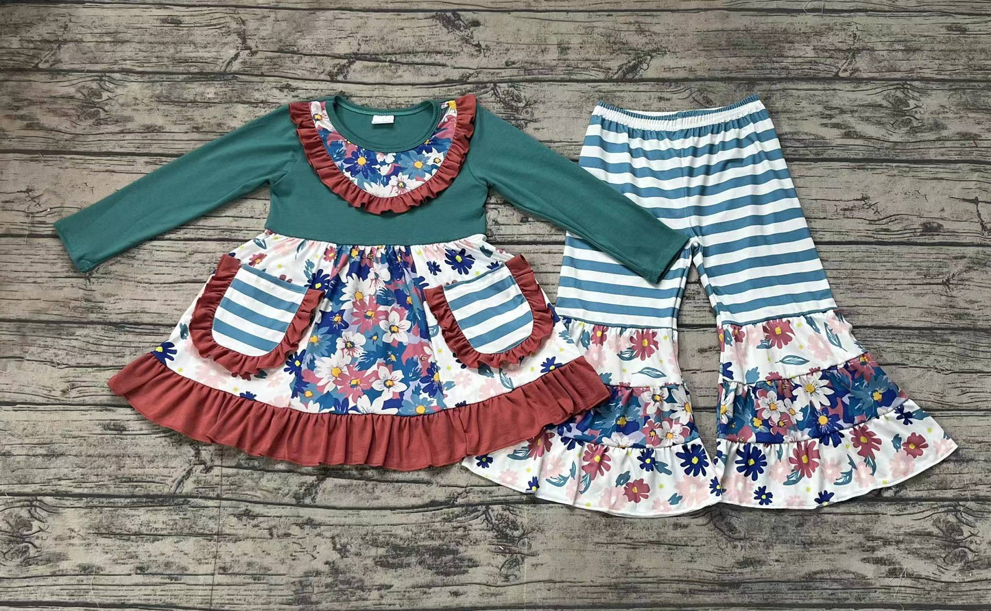 Baby Girls Fall Blue Flowers Pockets Tunic Bell Pants Clothes Sets