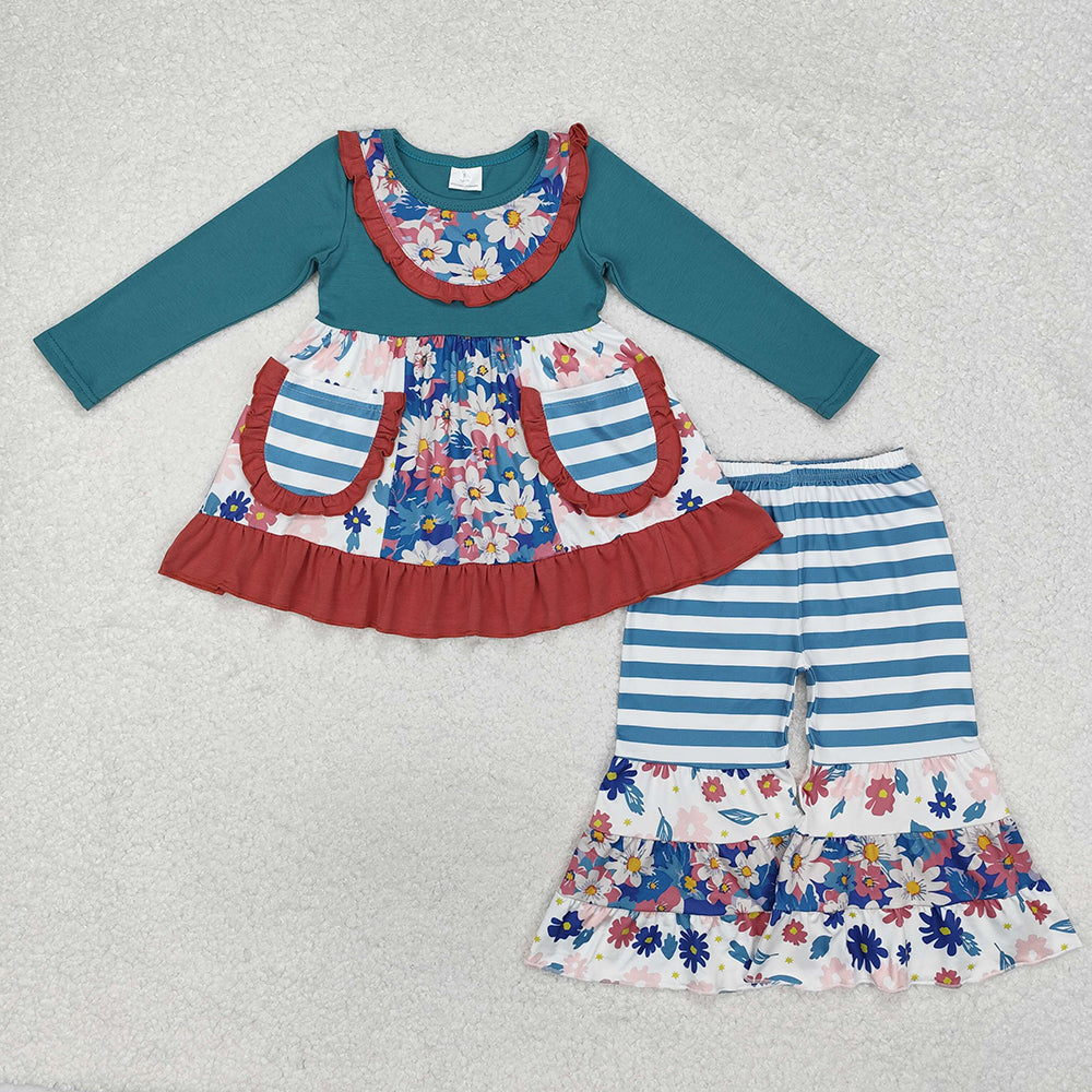 Baby Girls Fall Blue Flowers Pockets Tunic Bell Pants Clothes Sets