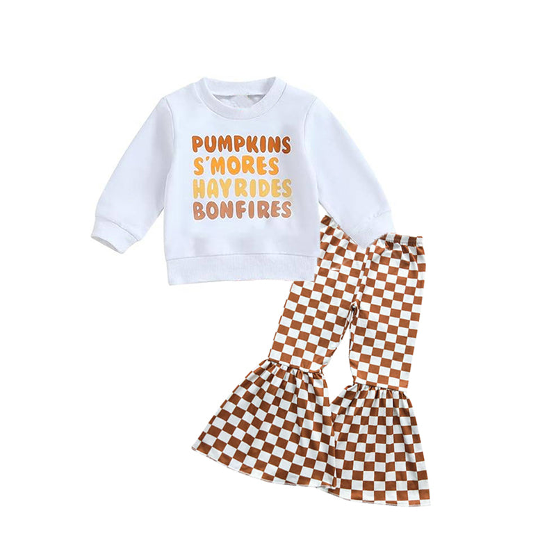 Baby Girls Pumpkin Smores Tops Checkered Bell Pants Clothes Sets Preorder