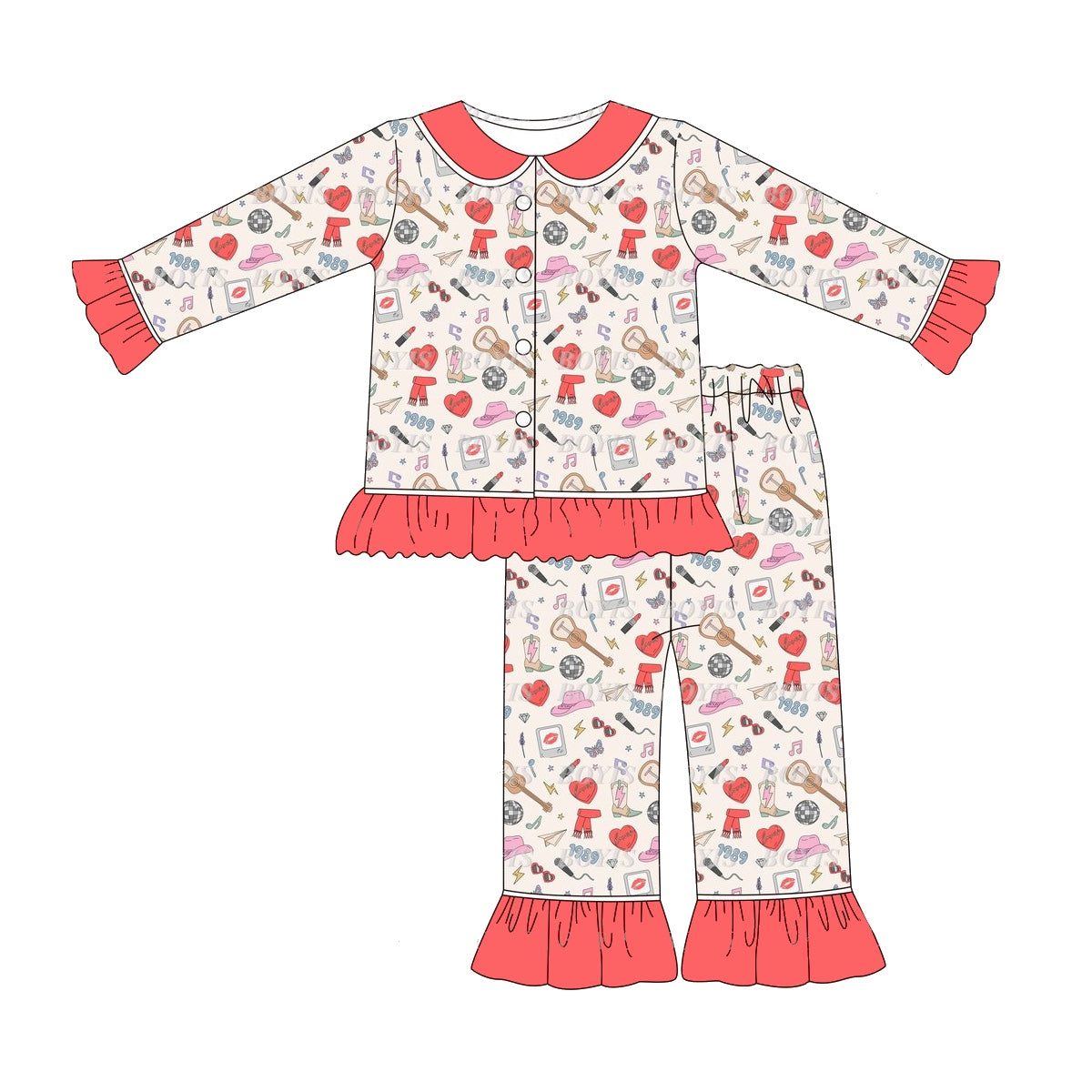 Baby Girls Red Singer Buttons Top Pants Pajamas Clothes Sets Preorder