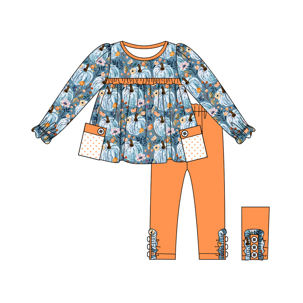 Baby Girls Flowers Blue Pumpkins Tunic Top Legging Clothes Sets Preorder