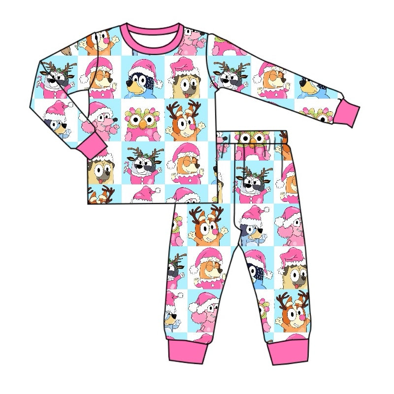 Baby Girls Christmas Dogs Pink Top Pants Pajamas Clothes Sets Preorder