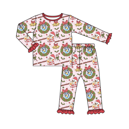 Baby Girls Christmas Dogs Pink Top Pants Pajamas Clothes Sets Preorder