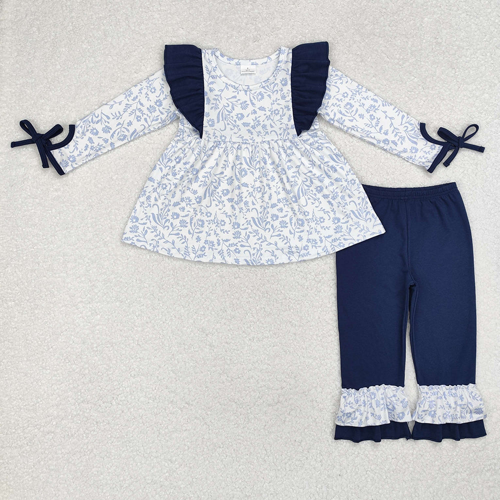 Baby Girls Blue Flowers Tunic Top Ruffle Pants Clothes Sets