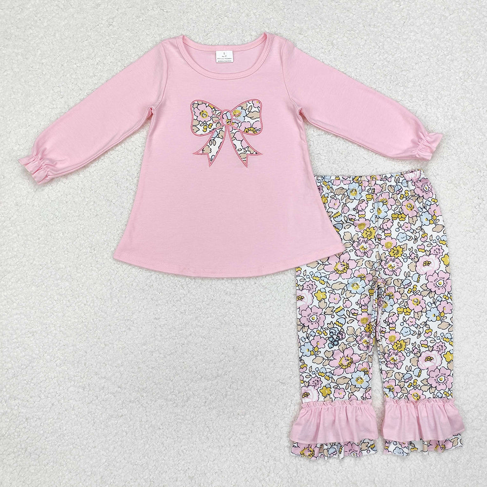 Baby Girls Pink Flowers Bow Tunic Ruffle Pants Outfits Clothes Sets