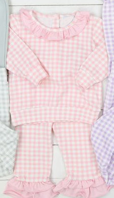 Baby Girls Pink Checkered Ruffle Top Pants Pajamas Outfits Clothes Sets Preorder