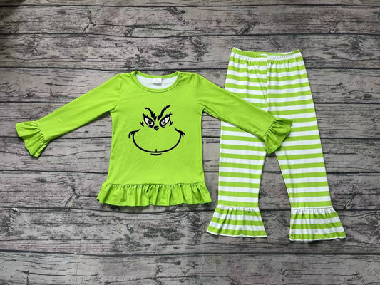 Baby Girls Christmas Green Face Top Ruffle Pants Outfits Sets