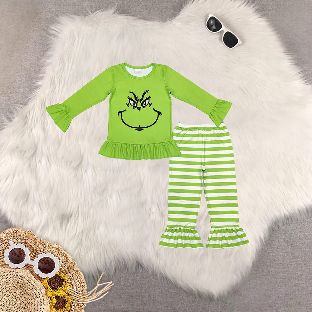 Sibling Baby Girls Christmas Green Face Tunic Ruffle Pants Outfits Sets