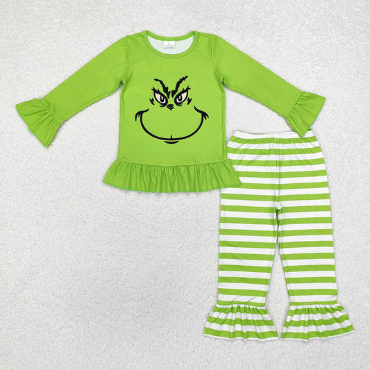 Baby Girls Christmas Green Face Top Ruffle Pants Outfits Sets