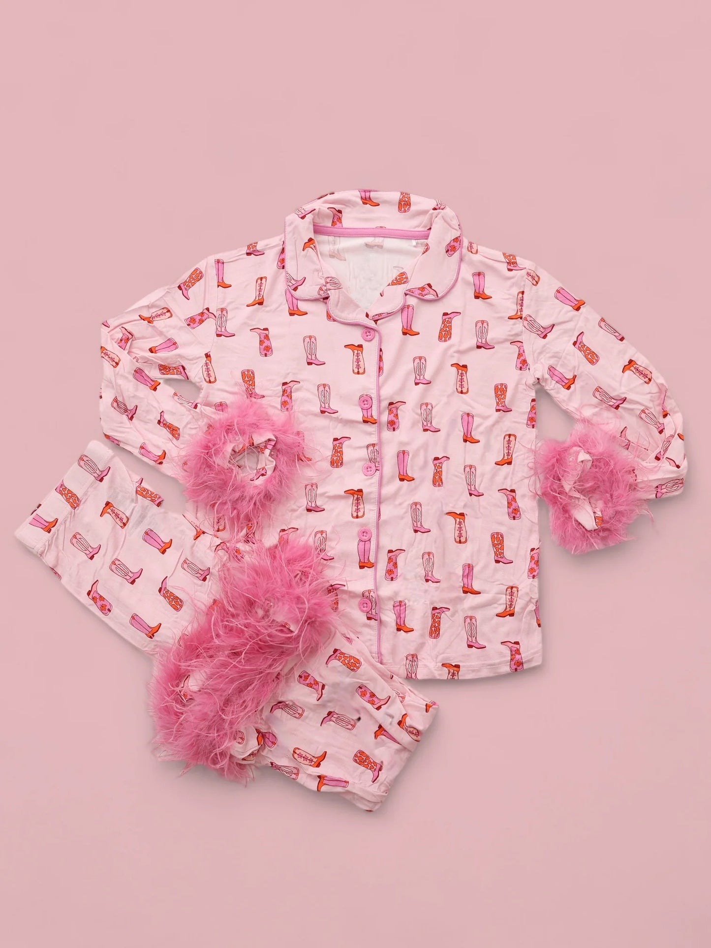 Baby Girls Western Pink Boots Fur Top Pants Pajamas Clothes Sets Preorder