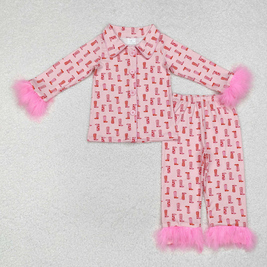 Family Mommy and Me Baby Girls Western Pink Boots Fur Pajamas Rompers