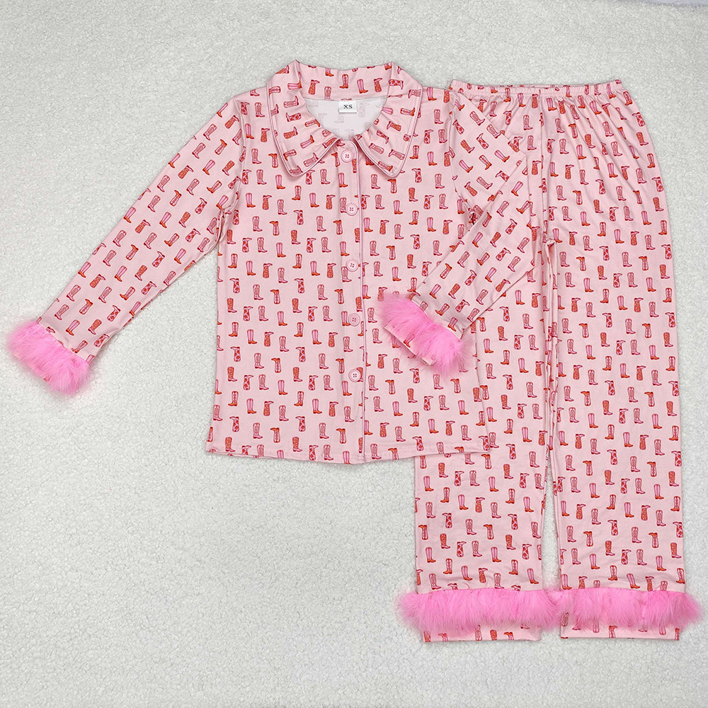 Adult Women Western Pink Boots Fur Tops Pants Pajamas