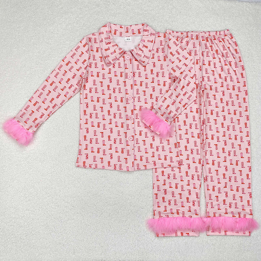 Adult Women Western Pink Boots Fur Tops Pants Pajamas