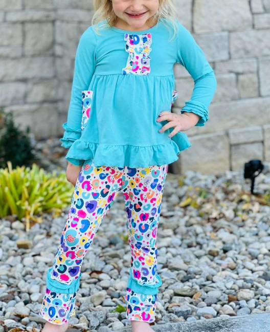 Baby Girls Blue Pockets Tunic Leopard Legging Boutique Outfits Sets Preorder