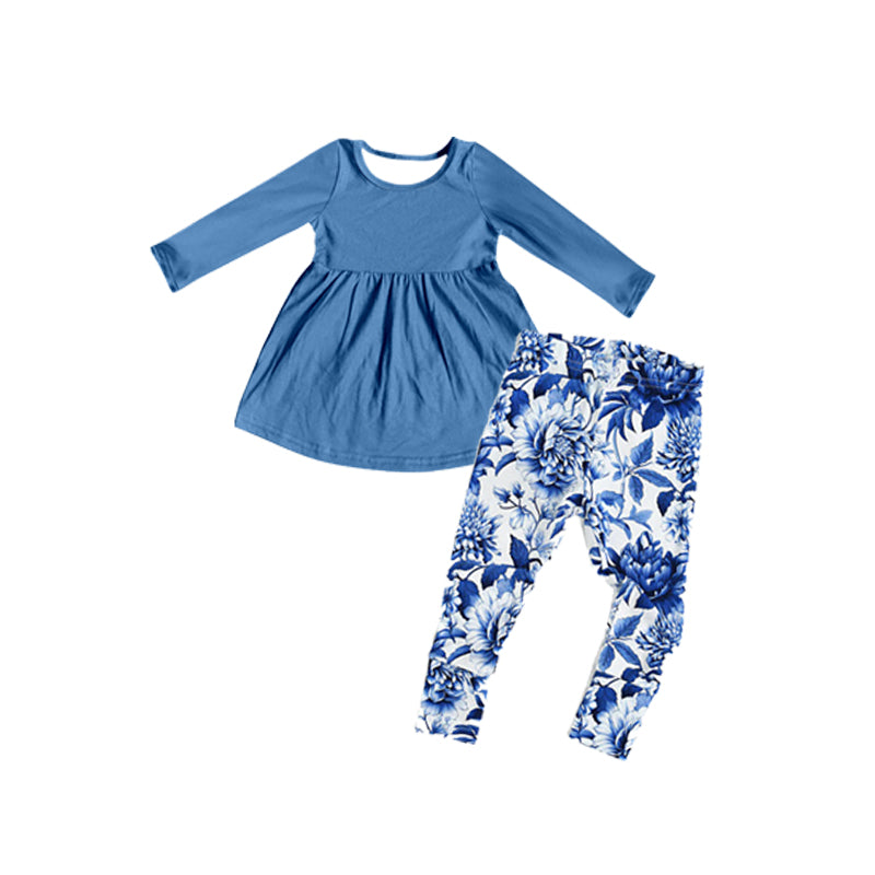 Baby Girls Blue Tunic Big Floral Legging Clothes Sets Preorder