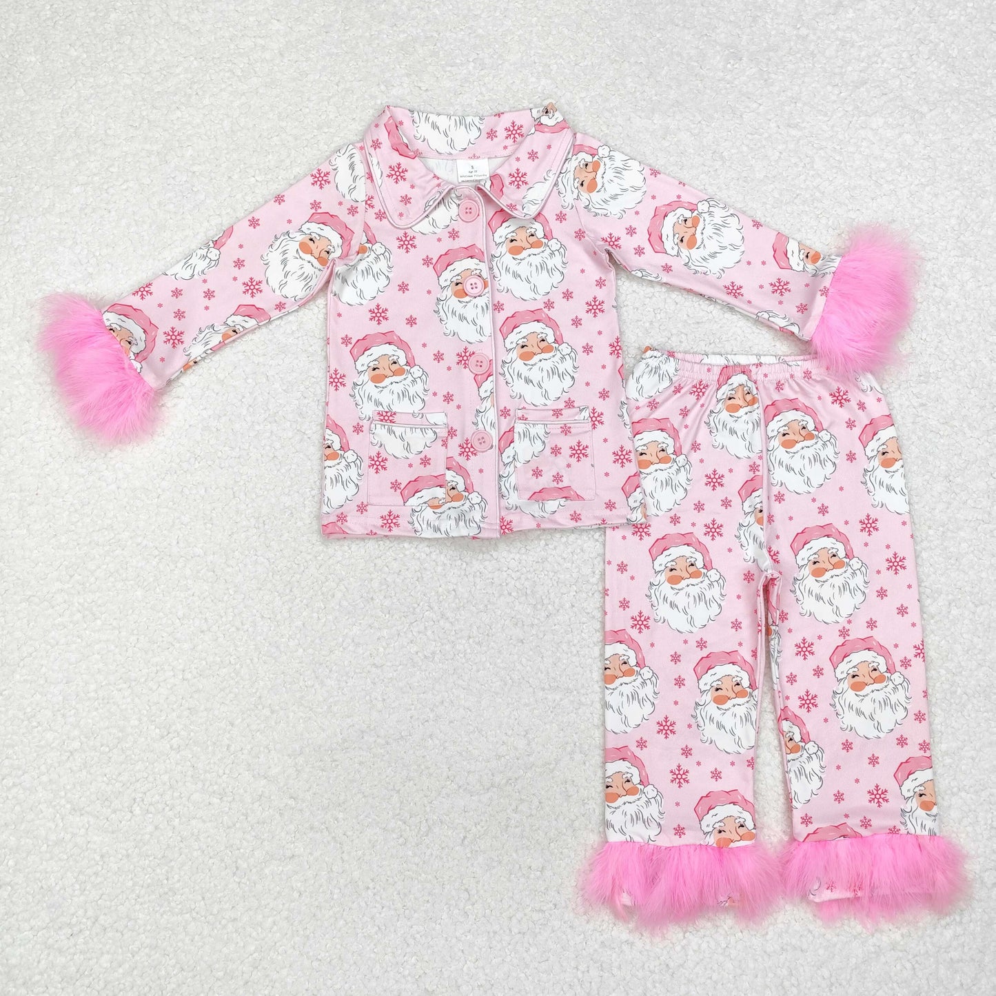 Sibling Baby Girls Sister Christmas Bows Santa Buttons Top Pants Fur Pajamas Clothes Sets