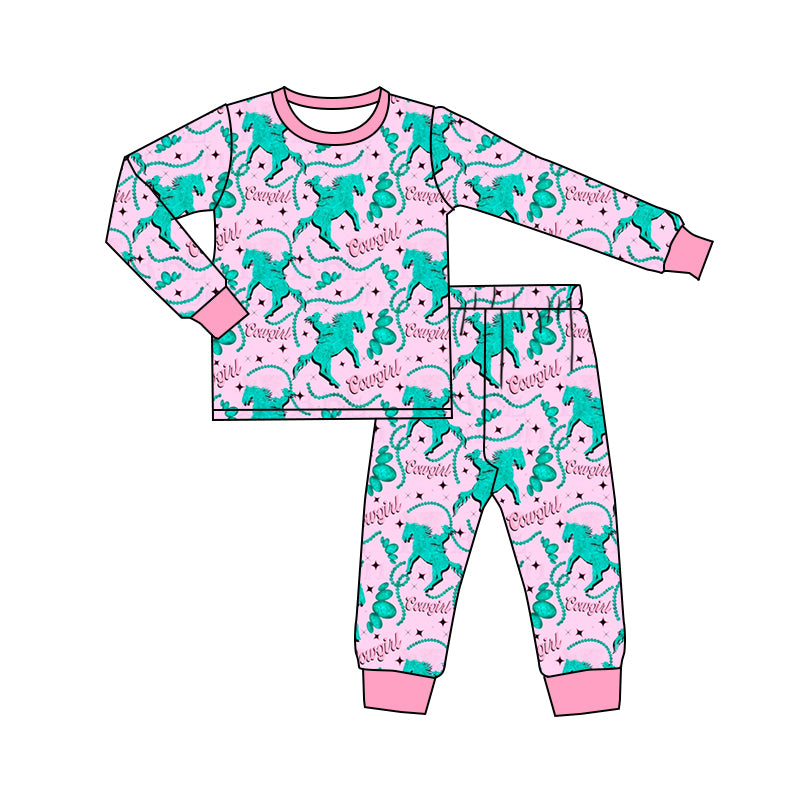 Baby Girls Western Cowgirl Horse Tops Pants Pajamas Clothes Sets Preorder