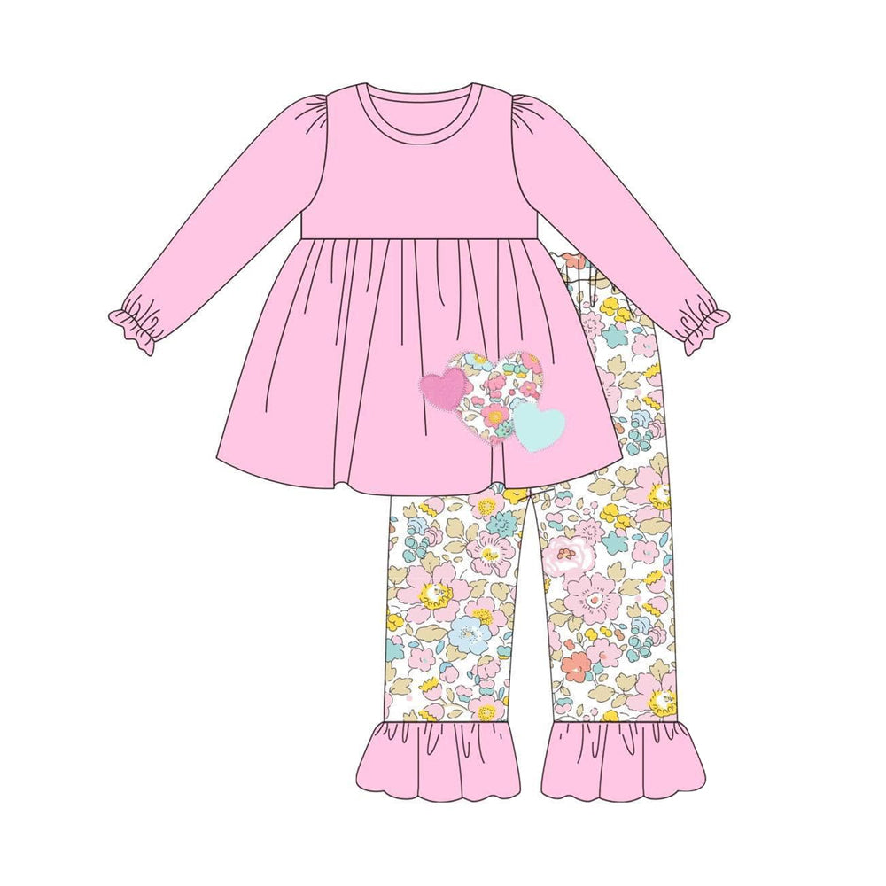 Baby Girls Valentines Pink Floral Heart Tops Ruffle Pants Clothes Sets Preorder