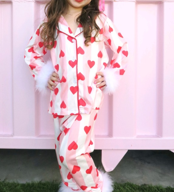 Baby Girls Valentines Hearts Fur Tops Pants Pajamas Clothes Sets Preorder