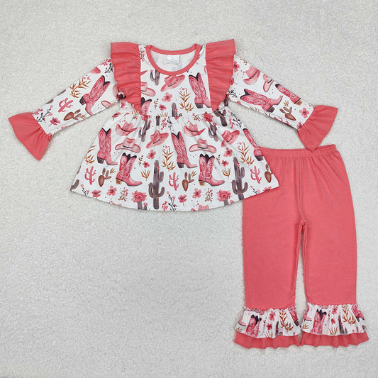 Baby Girls Western Boots Tunic Tops Ruffle Pants Clothes Sets