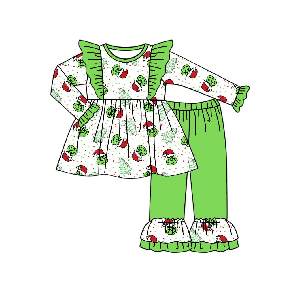 Baby Girls Christmas Green Frog Tunic Tops Ruffle Pants Clothes Sets Preorder