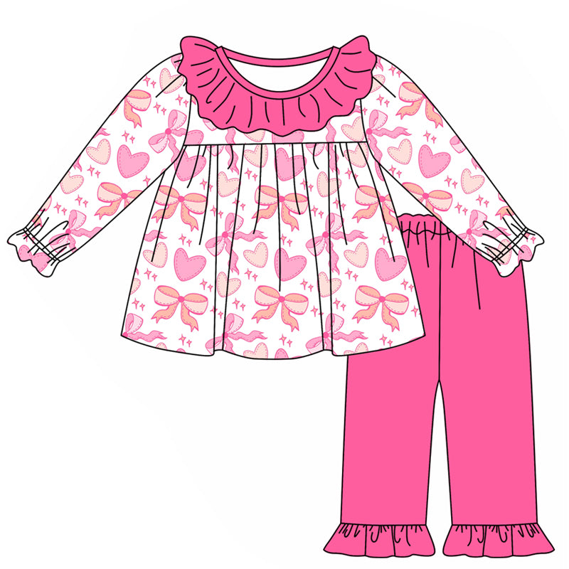 Baby Girls Valentines Hearts Pink Tunic Top Ruffle Pants Clothes Sets Preorder