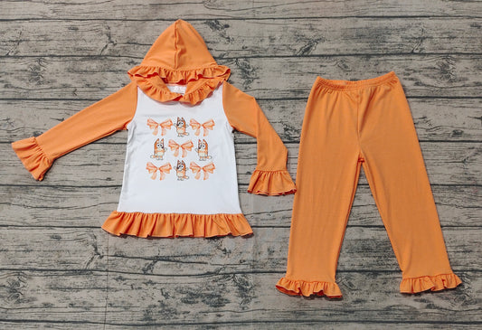 Baby Girls Orange Dogs Bow Hooded Top Pants Clothes Sets