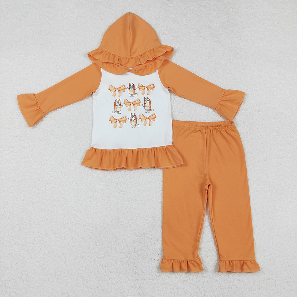 Baby Girls Orange Dogs Bow Hooded Top Pants Clothes Sets