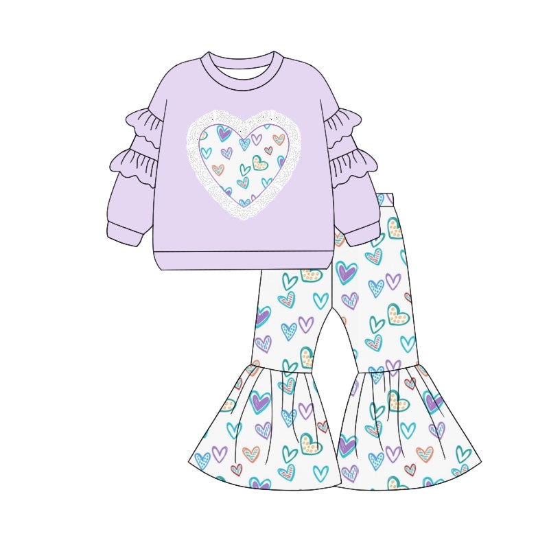 Baby Girls Lavender Hearts Top Bell Pants Clothes Sets Preorder