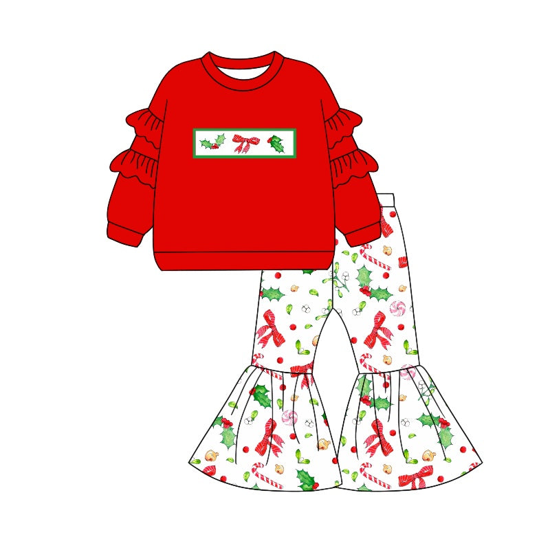 Baby Girls Christmas Holly Bows Top Bell Pants Outfits Sets Preorder