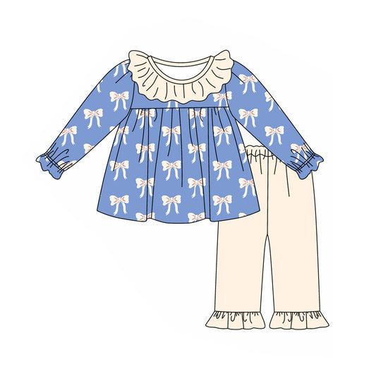 Baby Girls Blue Bows Ruffle Tunic Pants Outfits Clothes Sets Preorder