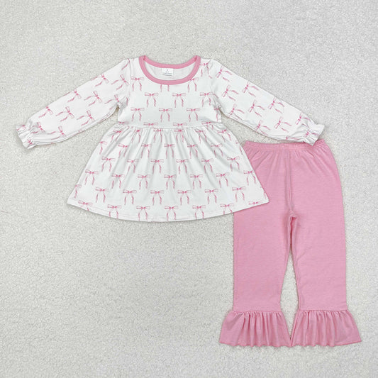 Baby Girls Pink Bows Tunic Top Ruffle Pants Clothes Sets