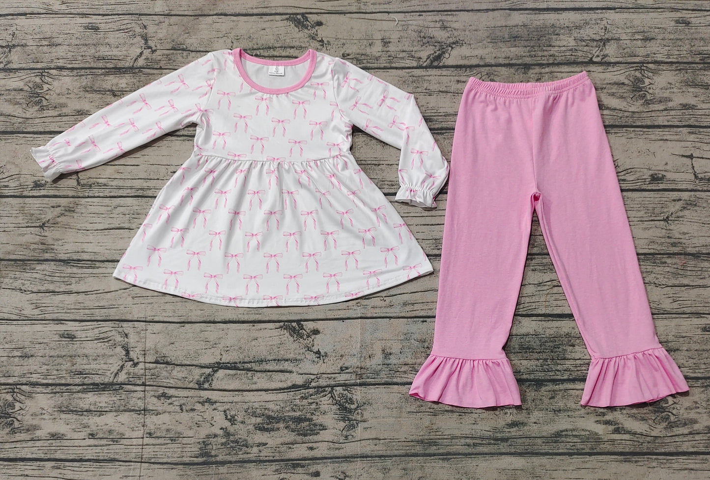 Baby Girls Pink Bows Tunic Top Ruffle Pants Clothes Sets