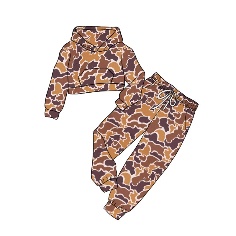 Baby Kids Brown Camo Hooded Top Pants Clothes Sets Preorder